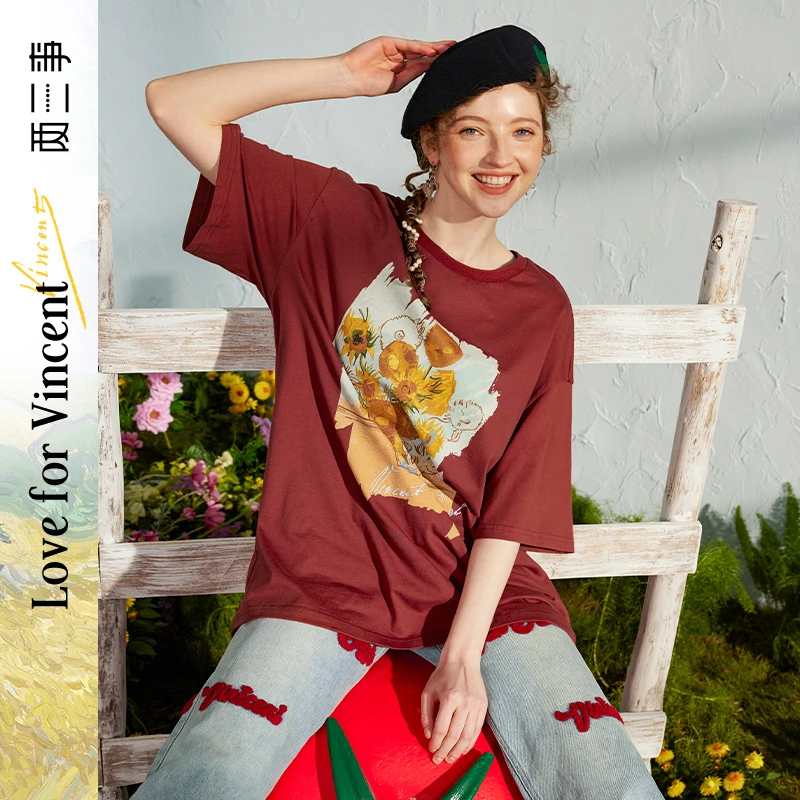 两三事 梦忆流年 莫奈花园风春季宽松油画清凉刺绣纯棉t恤女短袖