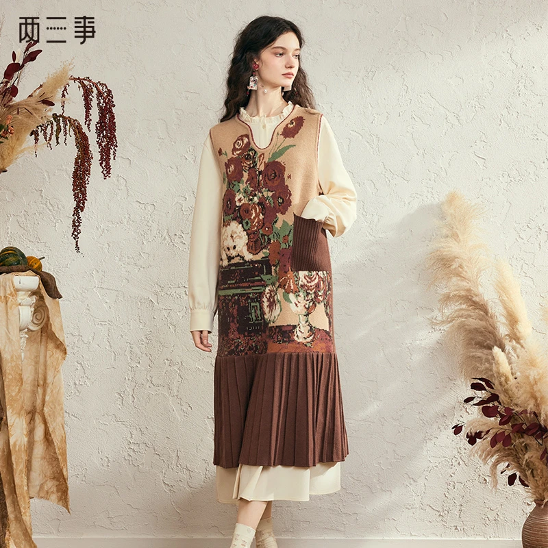 两三事 日落玫瑰 2024冬季新款复古花色压褶下摆长款毛衣女