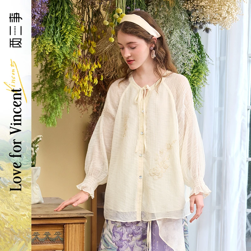 两三事梵高文艺 萤火琉光 2024夏季新款甜美领口绑带绣花雪纺衫女