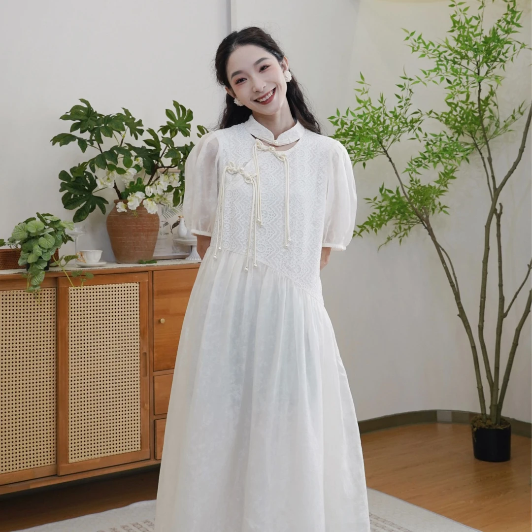 两三事白玉兰开新中式改良气质宽松连衣裙休闲风夏季