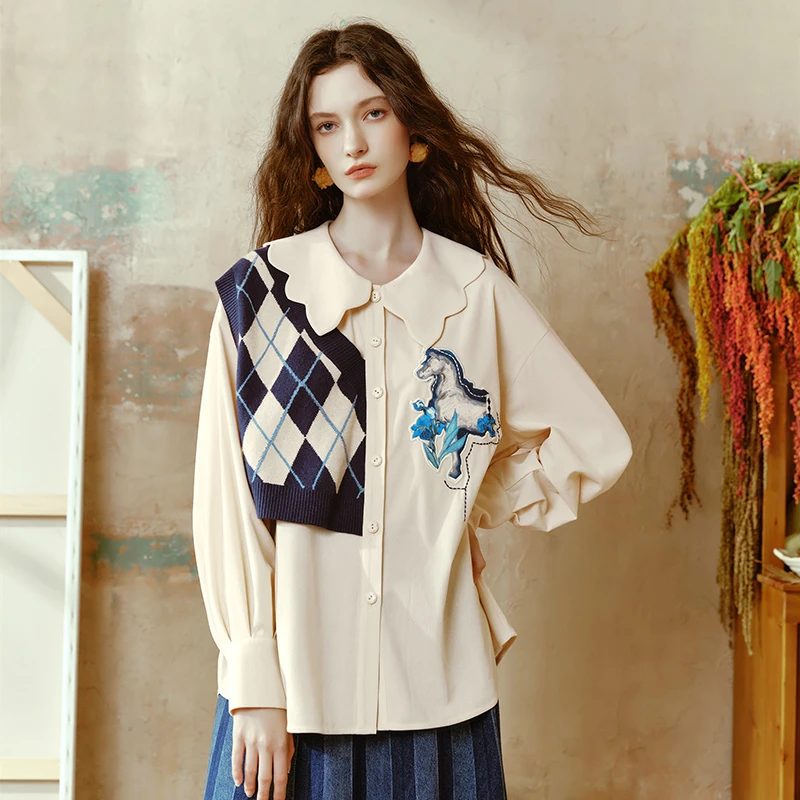 两三事梵高文艺 菱韵梵影 2024冬季新款贴布绣针织拼接假两件衬衫