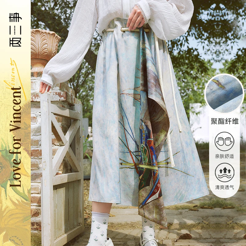 两三事梵高廊桥遗梦春夏新款复古印花清爽绑带不规则半身裙舒适