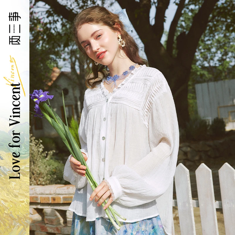 早春梵高文艺星环灵风2025春季新款法式风琴褶印花绣花长袖衬衫女