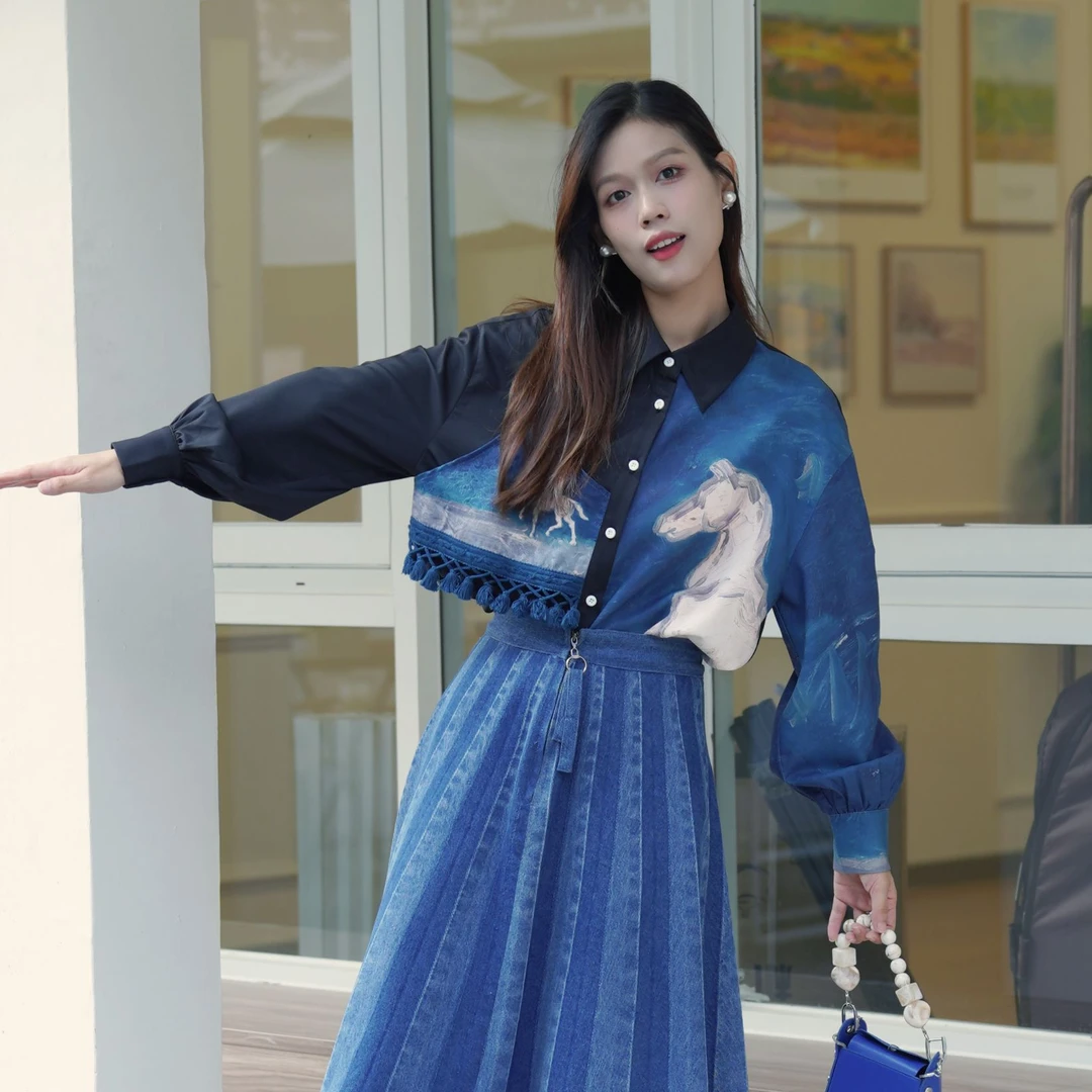 两三事弥秋诗野复古梵高系列秋款衬衫小众宽松设计感印花长袖衬衣