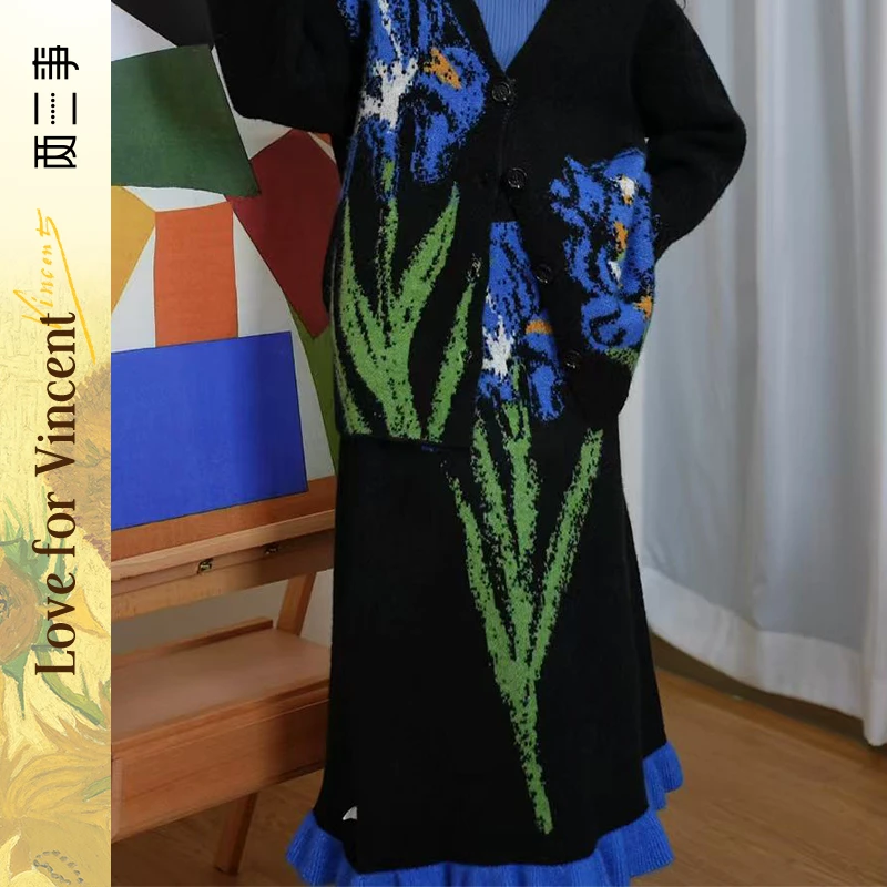 两三事梵高文艺云端画语2024冬季新款向日葵荷叶边裙摆针织半身裙