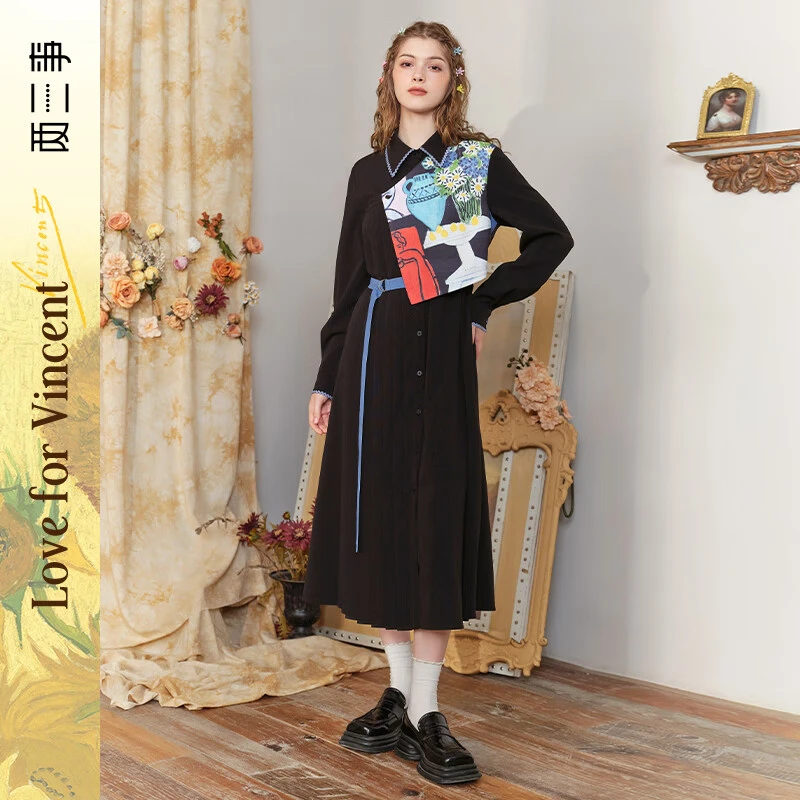 两三事诸神艺境 欧若风2025春夏季印花布拼接假两件连衣裙梵高