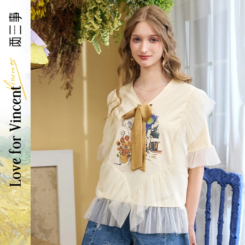 两三事梵高文艺雾入云深2024夏季新款网纱拼接绑带印花短袖t恤女