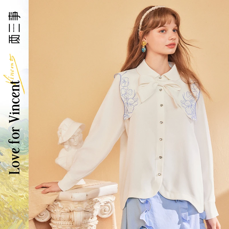 两三事梵高文艺流转诗韵2024秋季新款文艺风刺绣蝴蝶结翻领衬衫女