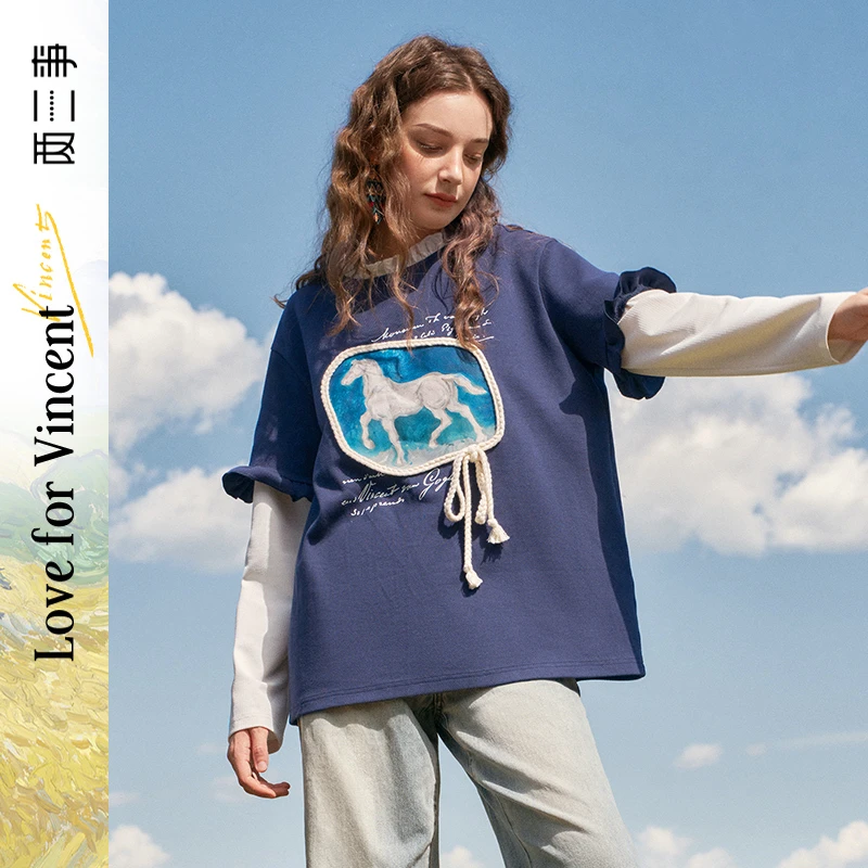 两三事梵高文艺 有野之间 2024秋季新款油画印花假两件t恤女宽松