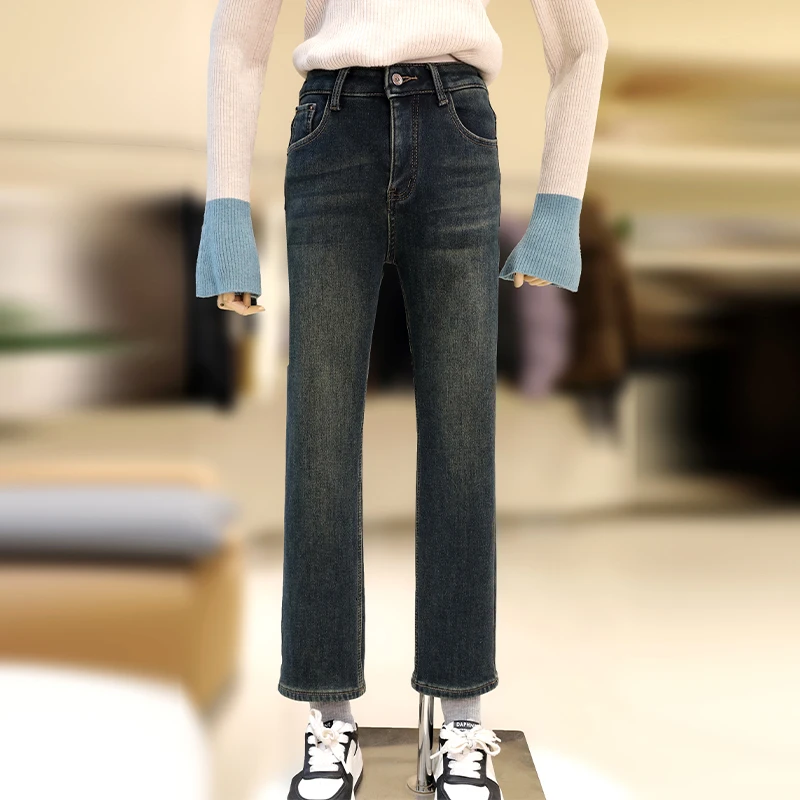 【ZAW】大码女装高腰直筒烟管牛仔裤加绒秋冬小个子胖mm裤子/23786