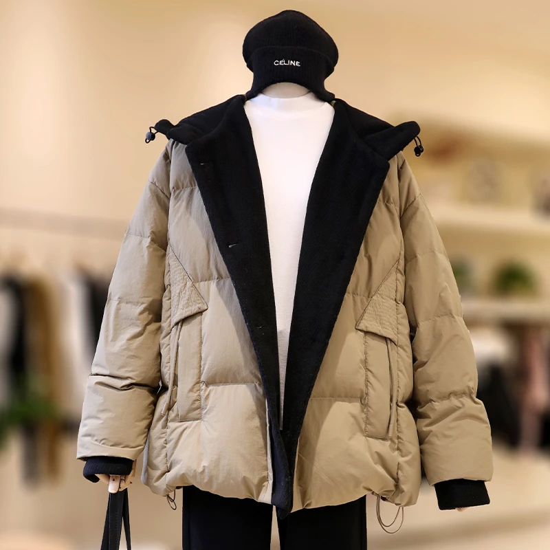 【zaw】大码女装羽绒服冬白鸭绒保暖胖mm毛呢拼接假两件外套/23756