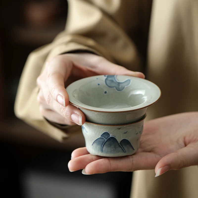 堆雕哥窑手绘远山全瓷一体茶漏过滤组釉下彩陶瓷过滤器茶道配件