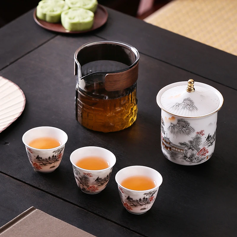 羊脂玉陶瓷快客杯简约便携式旅行茶具套装中式雅韵一壶三杯泡茶器