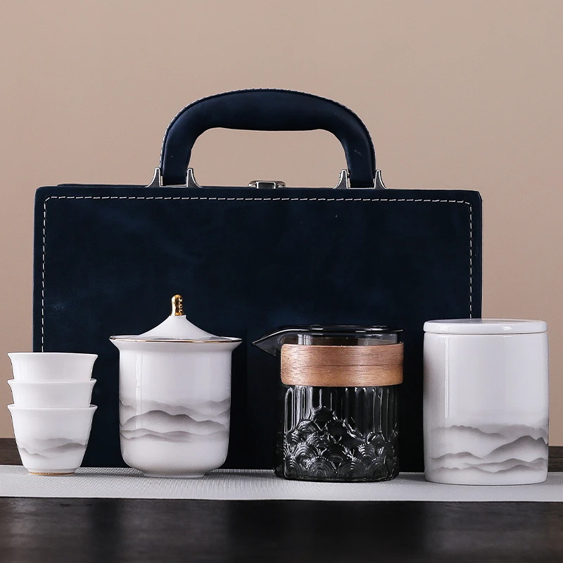 中国白羊脂玉快客杯旅行茶具中式创意远山便携式茶具套装一壶三杯