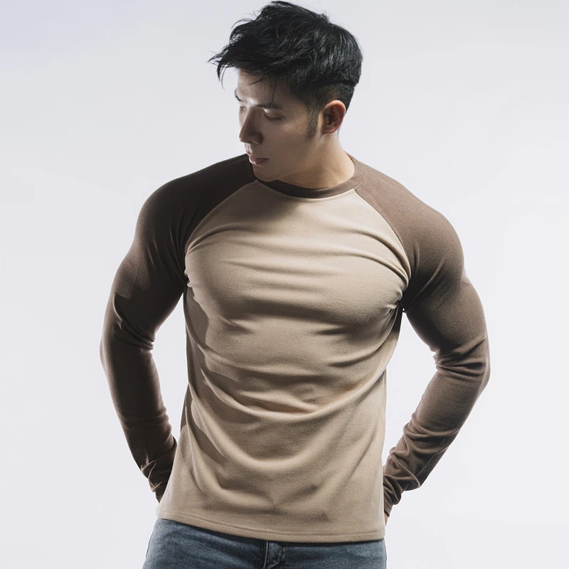 运动秋冬拼色插肩长袖t恤男健身休闲双面德绒圆领/小高领打底衣服