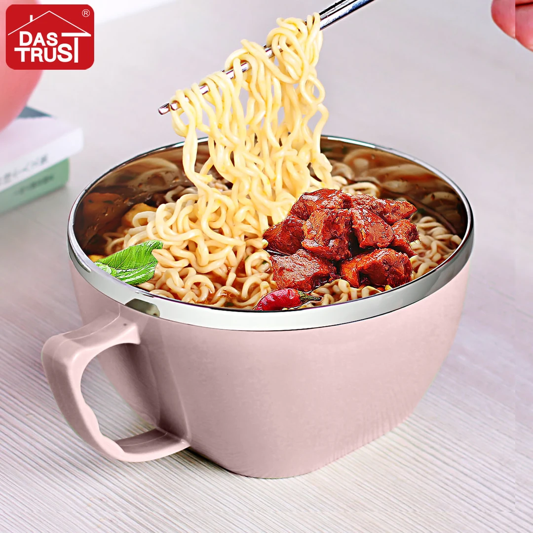 创得304不锈钢900mL泡面碗北欧粉带盖学生宿舍专用方便面神器餐具