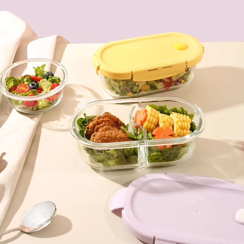 创得升级款磨砂盖椭圆玻璃饭盒多件套装可微波烤箱