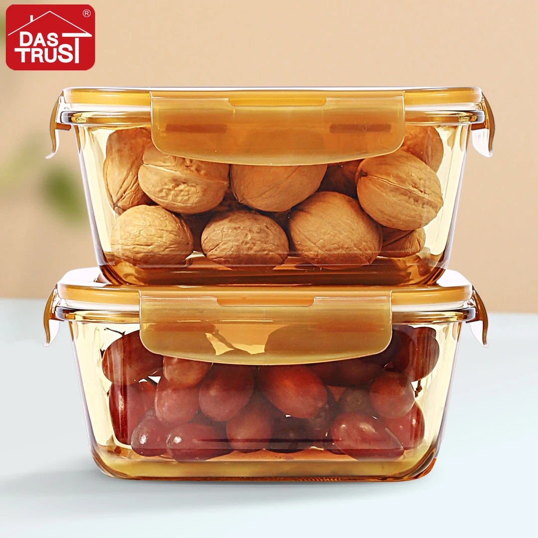 【创得官方】琥珀色高硼硅玻璃饭盒加高长900ml*2件套微波耐热