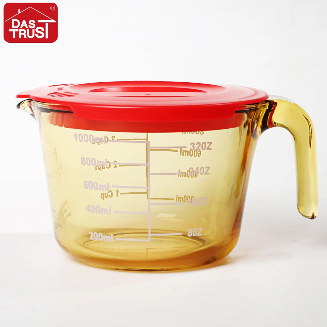 创得经典琥珀色刻度奶杯配盖刻度杯可微波炉烤箱加热