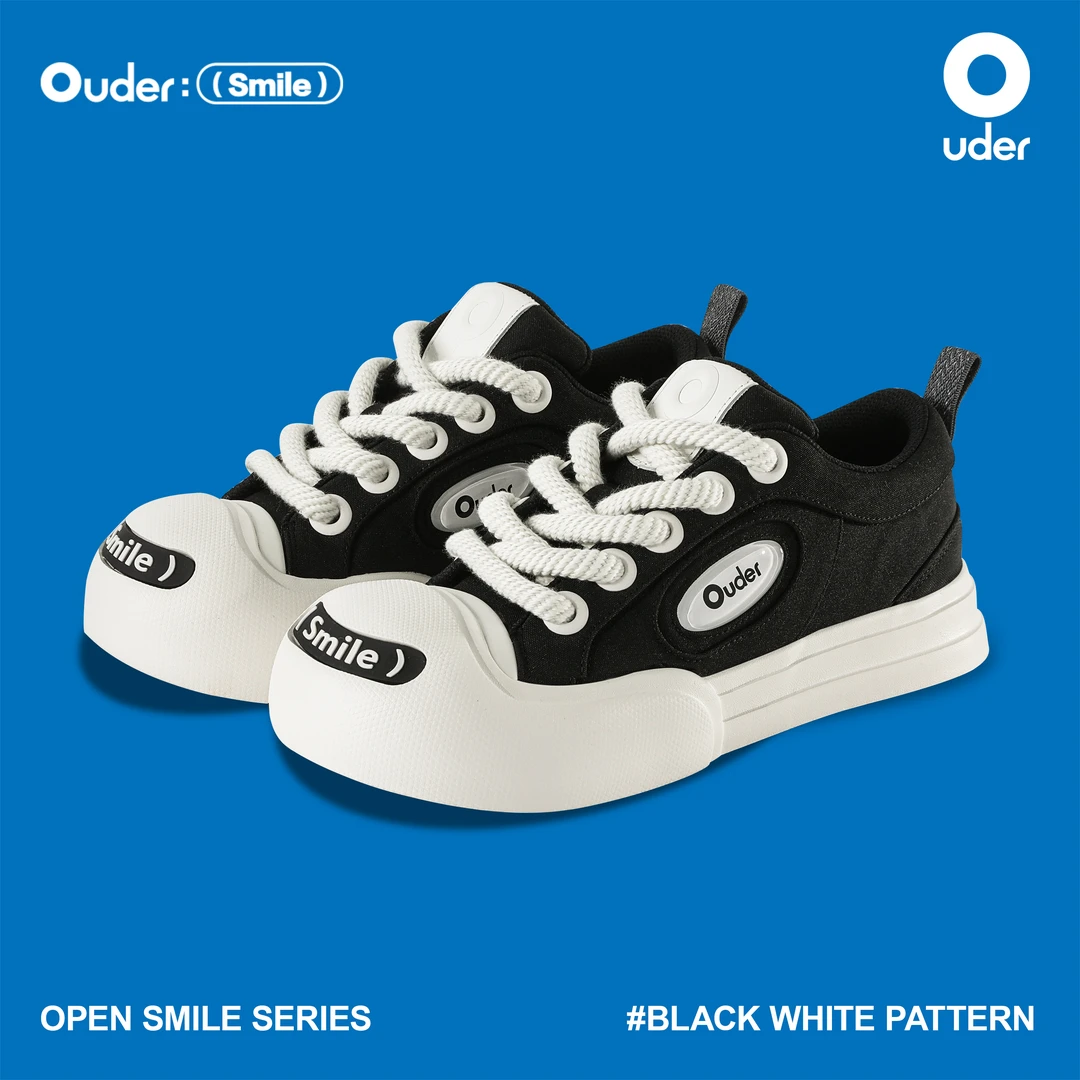 Ouder smiler开口笑帆布鞋 夏季增高厚底丑萌圆头黑白板鞋大头鞋