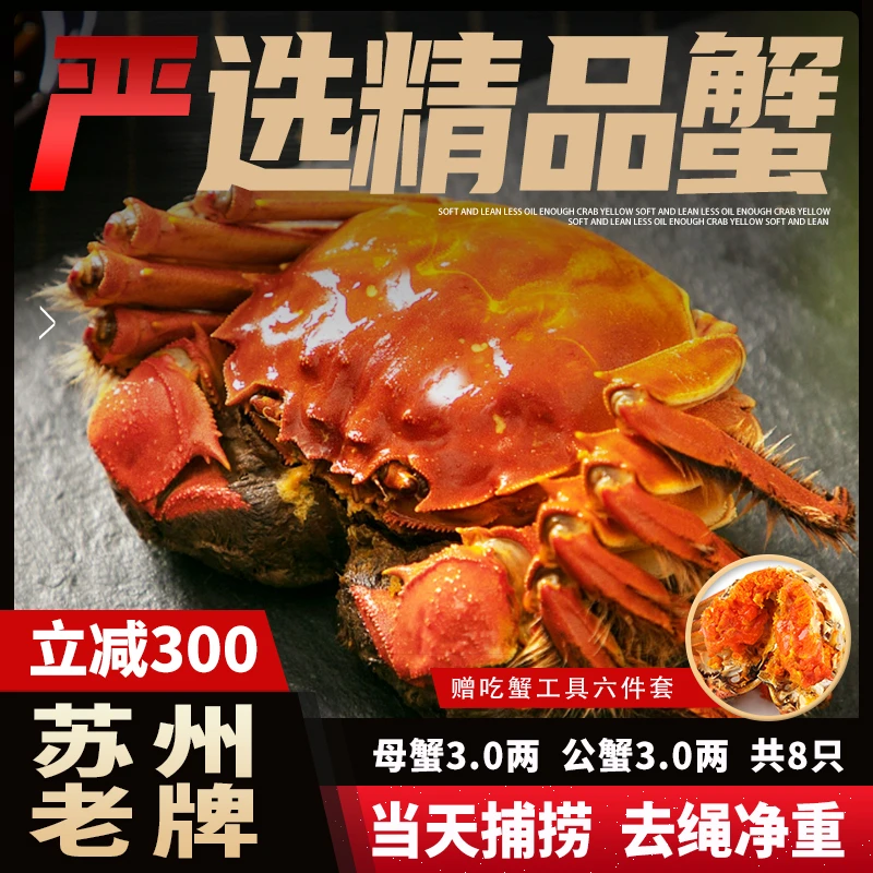 【活蟹】臻自然精挑大闸蟹 母蟹3.0两 公蟹3.0两共8只 新鲜螃蟹礼盒