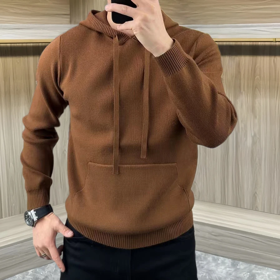 秋冬新款美拉德连帽针织衫男时尚百搭休闲带帽针织卫衣潮流男士