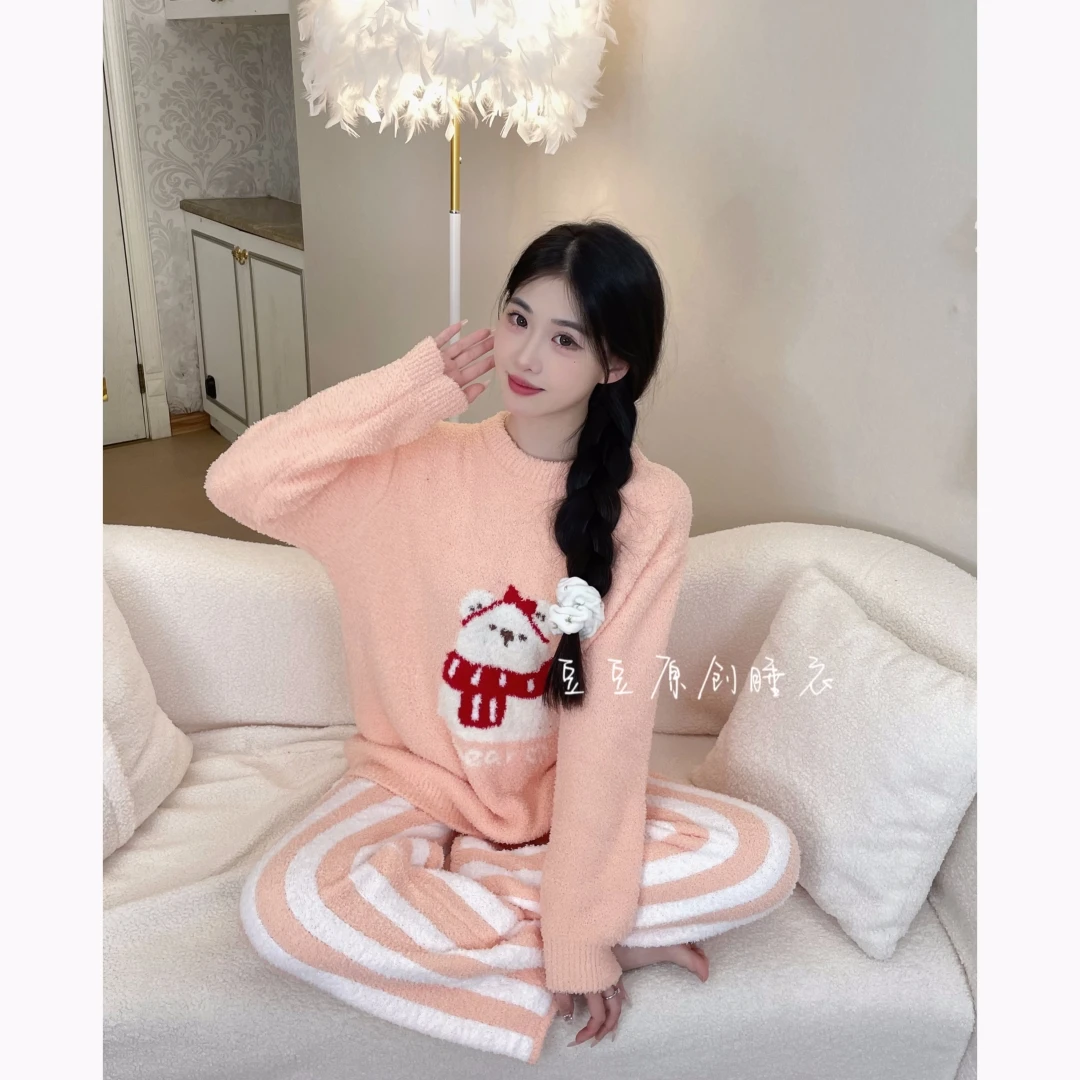 【情侣小熊女款】软绵绵羽毛纱可外穿半边绒可爱宽松保暖可爱睡衣
