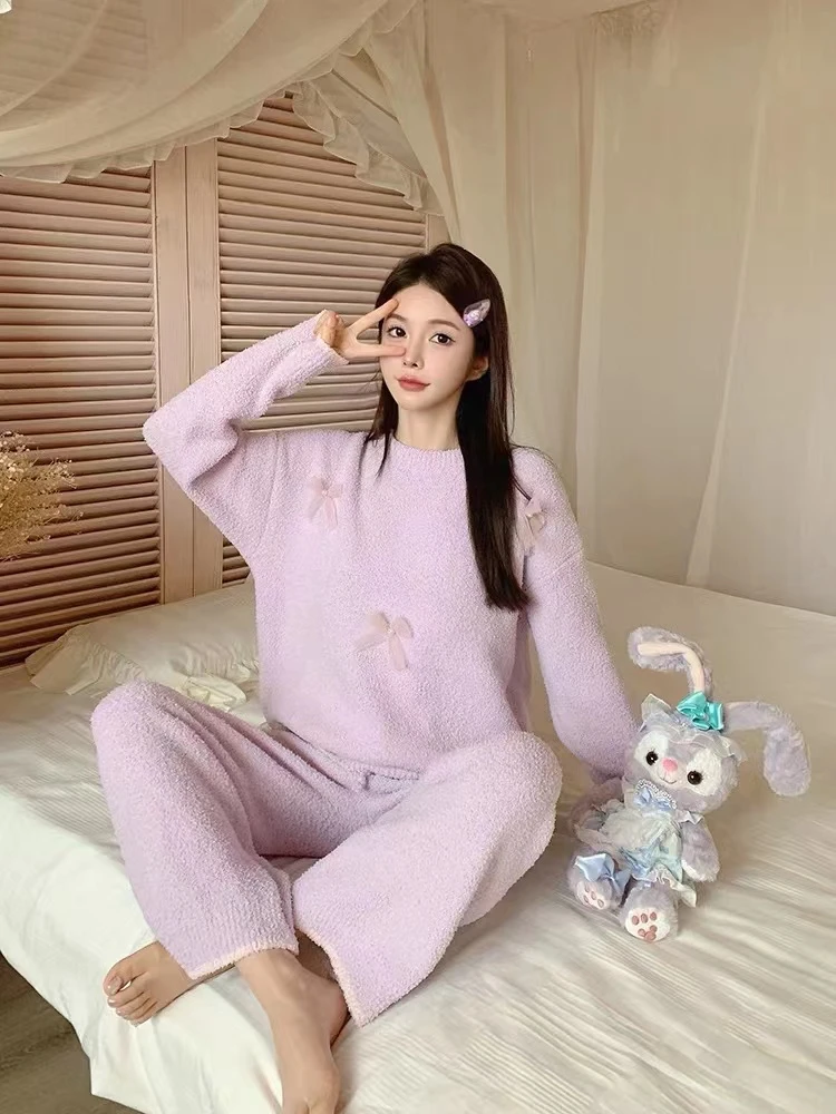 【紫梦】2023软绵绵羽毛纱可外穿半边绒宽松保暖甜美睡衣女冬