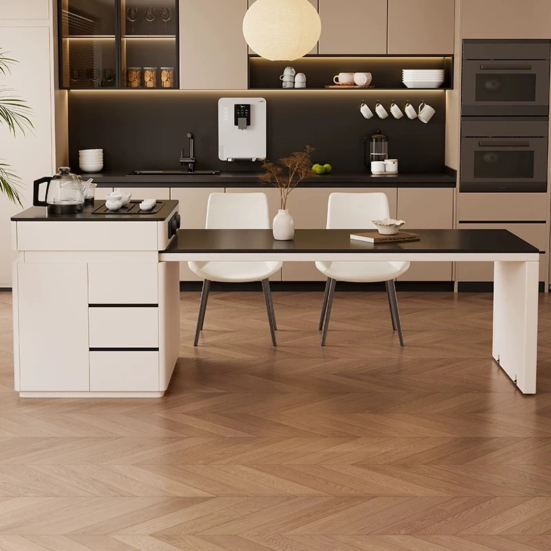 【全实木岛台】现代简约轻奢家用高端岩板伸缩岛台客奶油家用餐桌