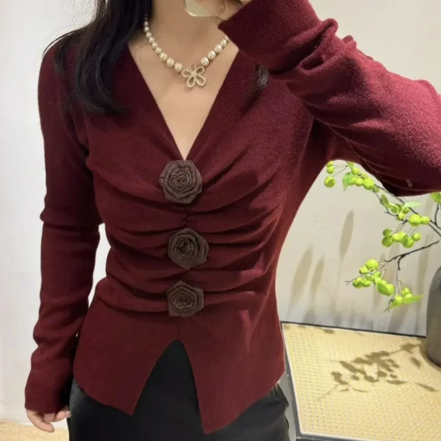 2025韩版温柔风立体玫瑰设计感V领褶皱针织衫修身显瘦打底衫女潮