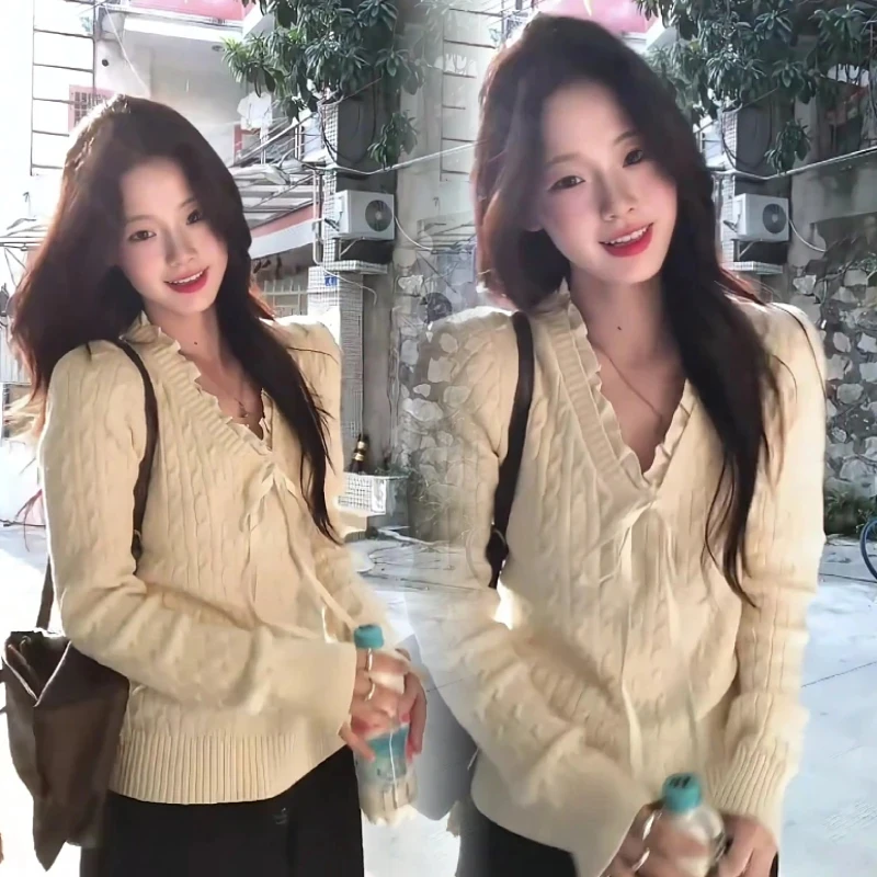 2025小众长袖百搭宽松休闲设计感针织麻花纹套头V领毛衣ins女装