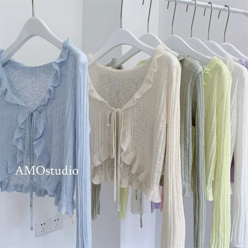 荷叶边系带冰丝针织防晒开衫夏季薄款女小披肩外套甜辣外搭罩衫潮