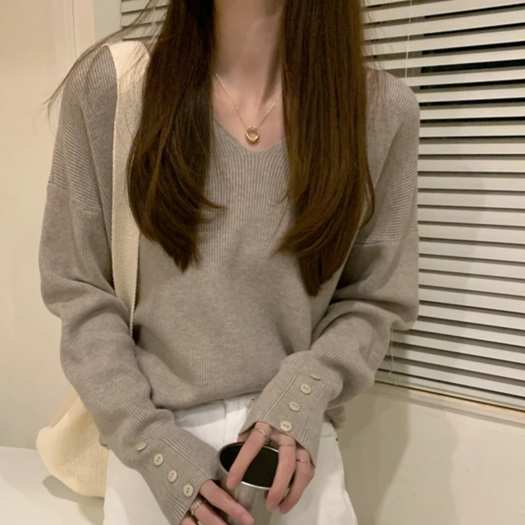 V领大码慵懒风针织毛衣女早春秋冬季长袖内搭别致螺纹上衣打底衫