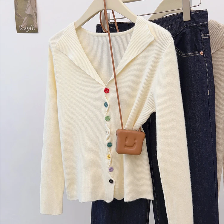 显瘦彩虹纽扣v领长袖针织开衫女秋冬修身软糯毛衣外套打底衫上衣