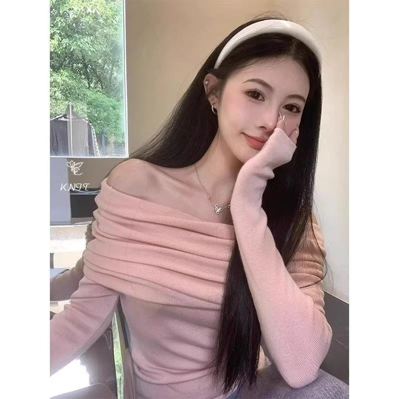 粉色一字肩上衣女毛衣设计感小众气质露肩打底衫别致甜美针织衫潮