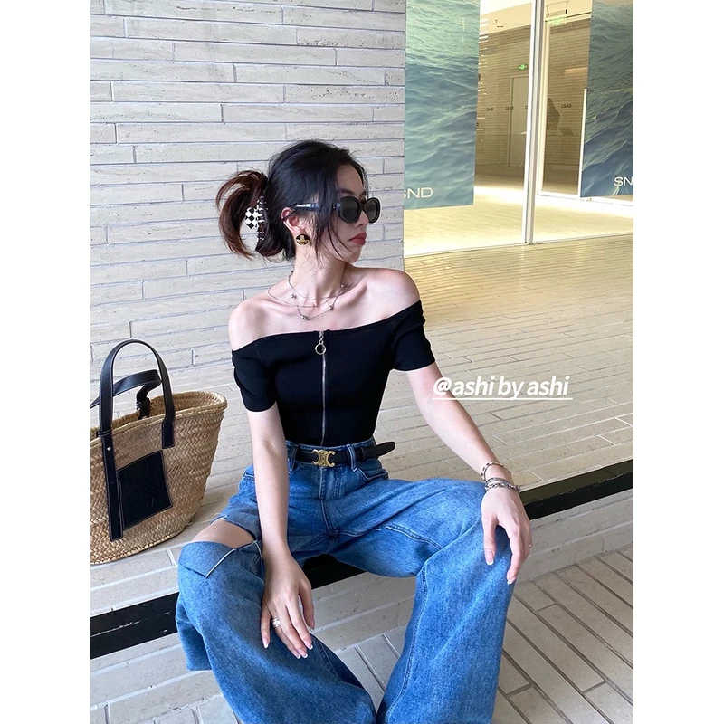 大于诗集 法式一字肩拉链短款针织T恤女小众休闲上衣