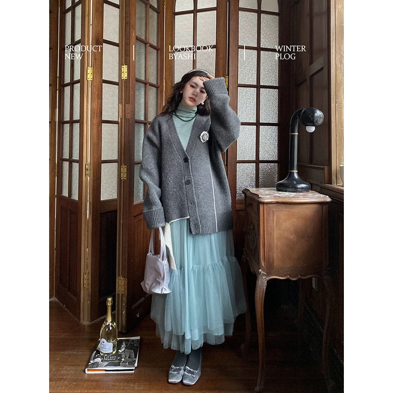 大于诗集慵懒风针织开衫女加厚不规则宽松毛衣外套秋冬