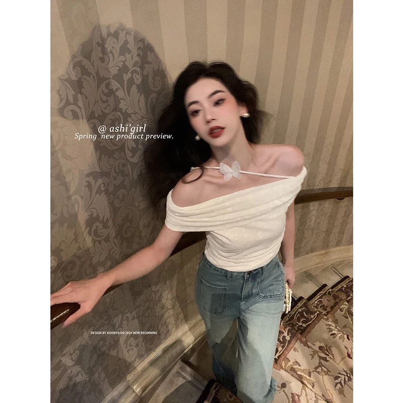 大于诗集法式纯欲一字肩蝴蝶印花上衣夏