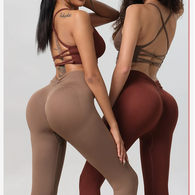 健身裤女蜜桃提臀高腰收腹后V腰褶皱瑜伽裤速干高弹紧身运动长裤