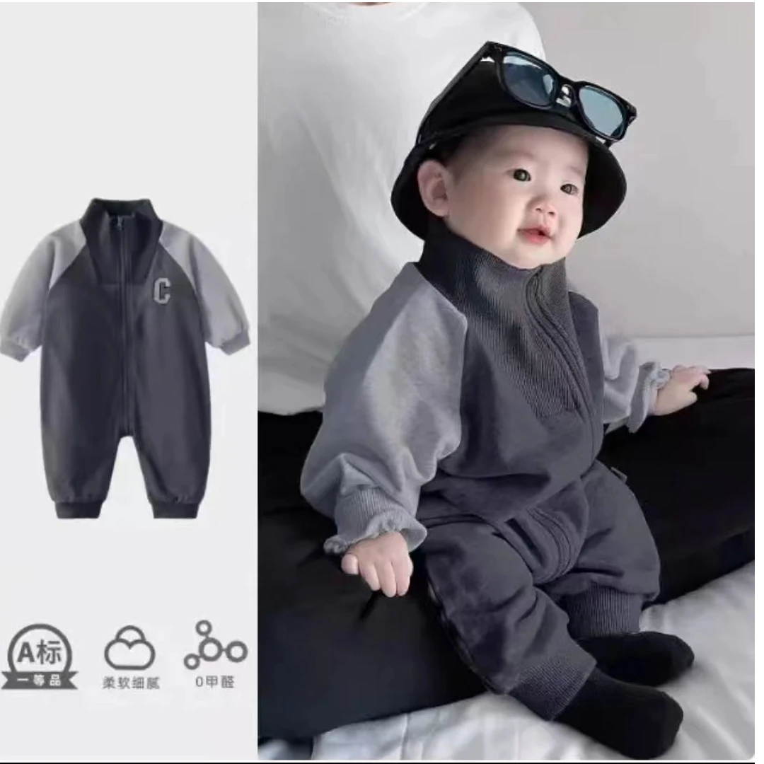 婴儿连体衣秋款男女宝宝韩版洋气拉链哈衣秋季长袖加绒外出服爬服
