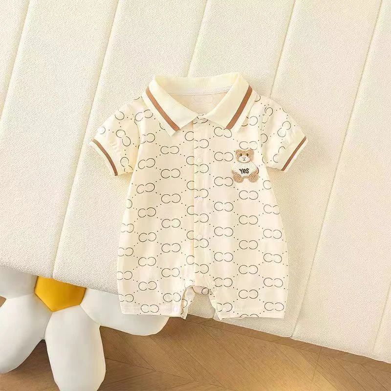 婴儿连体衣夏季新款宝宝韩版翻领爬服时尚机制领小熊外出薄款哈衣