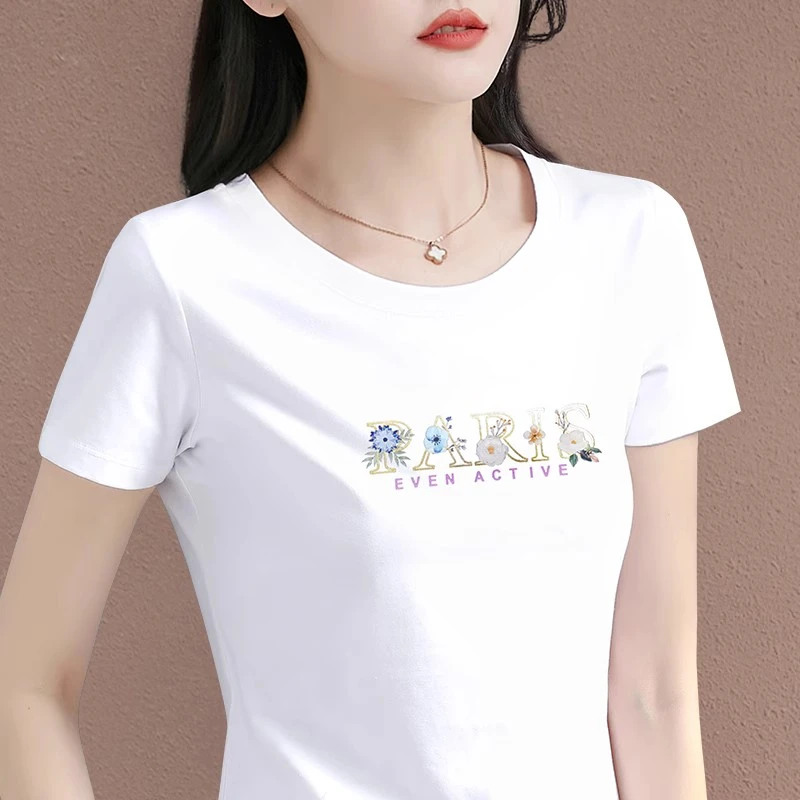 2025新款时尚圆领短袖t恤女洋气显瘦高档女士短款遮肚子藏肉上衣