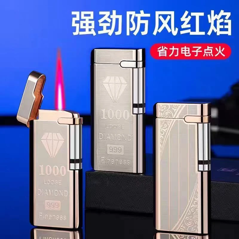 高档翻盖滑轮打火机创意防风红焰高级电子感应点火送男友生日礼物