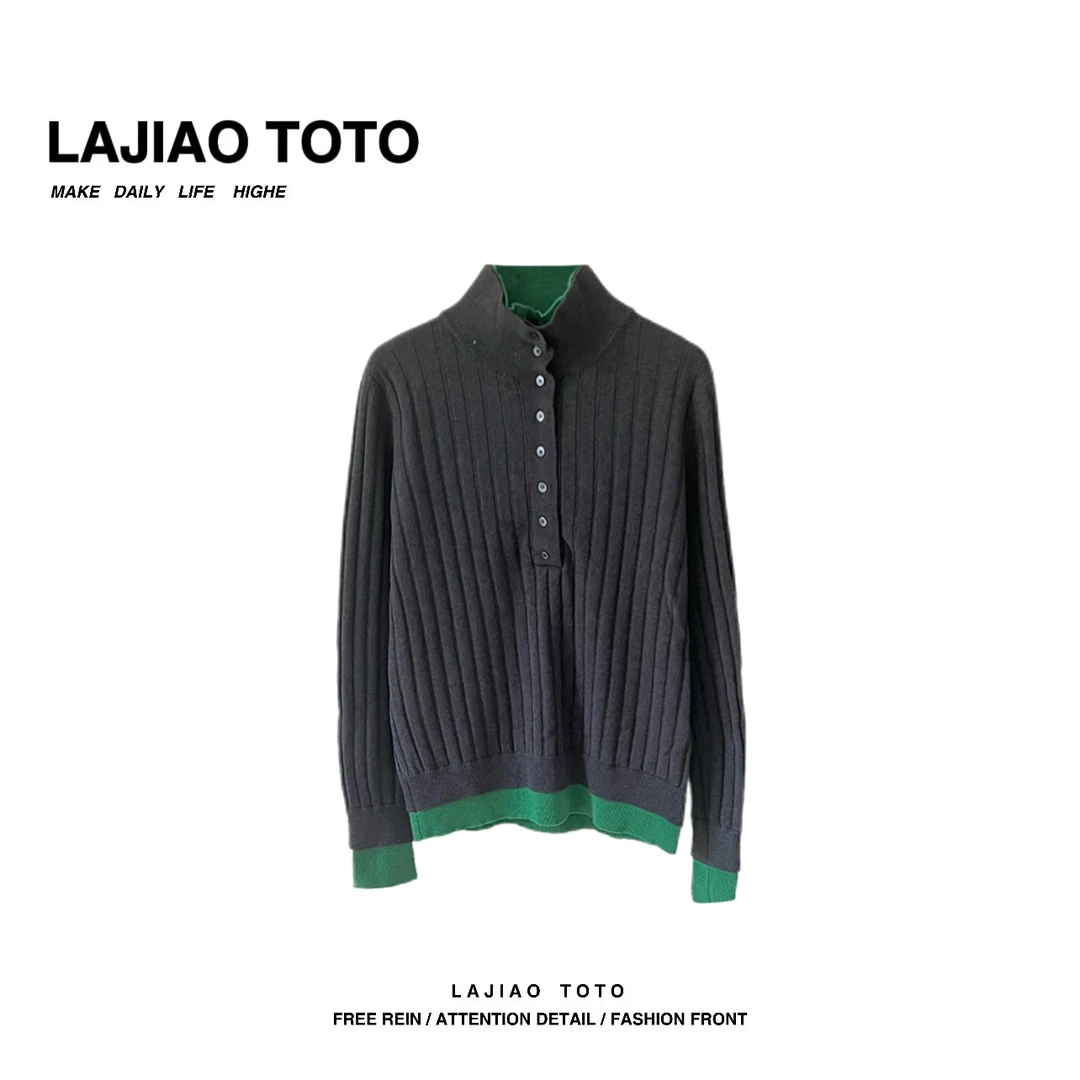 LAJIAO TOTO【撞色毛衣】套头宽松款休闲女士百搭长袖羊毛衫#LJ3233