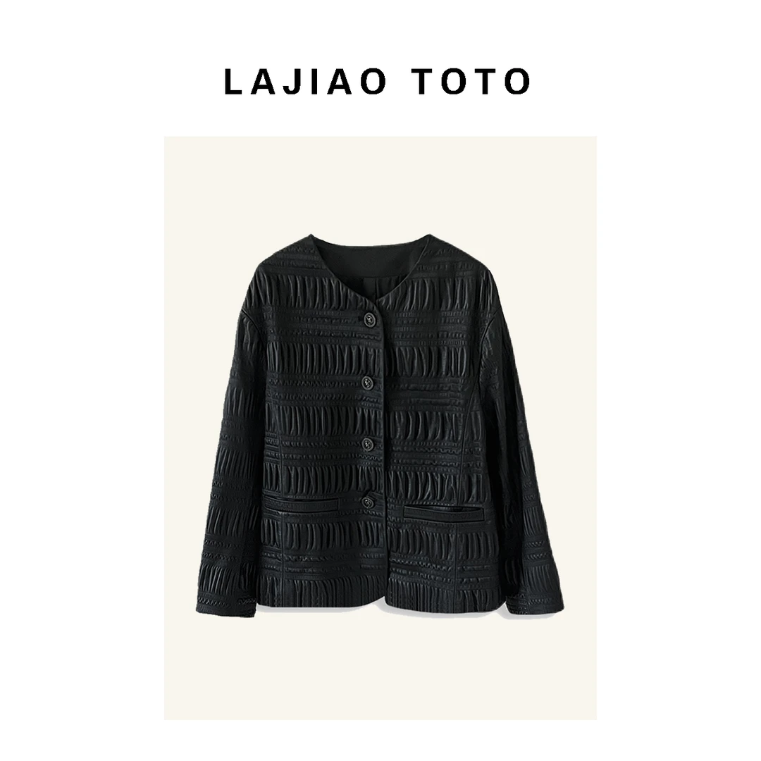 LAJIAO TOTO【黑夜泡褶】时尚休闲气质圆领短款真皮皮衣外套#5030