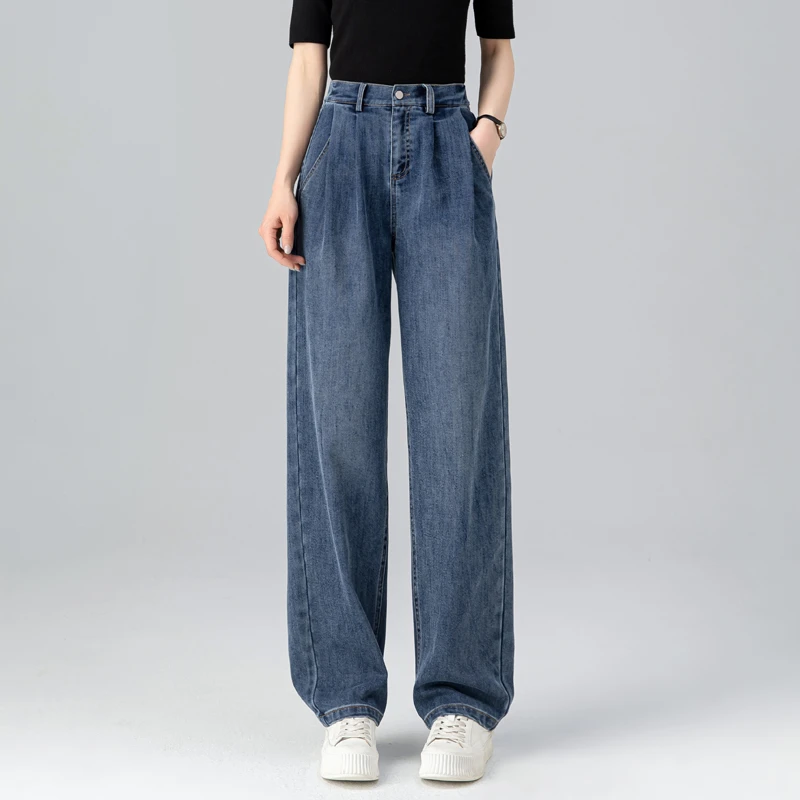 早春韩系穿搭复古蓝牛仔裤2025新款裤子女设计感小众阔腿裤直筒裤