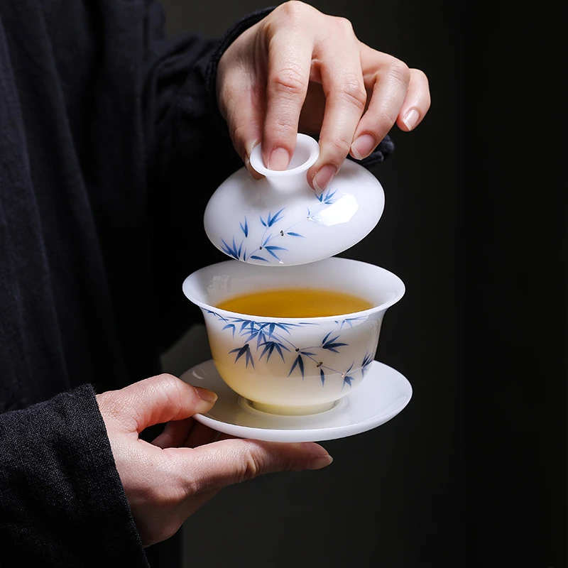 识缘高冰玉瓷三才带盖碗茶杯单个家用陶瓷泡茶碗中国白瓷功夫茶具