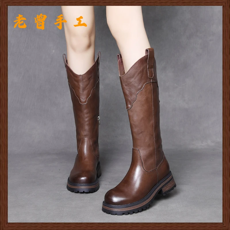 【老曾手工】2024年秋冬头层牛皮简约拉链单靴长靴中跟显瘦马丁靴女