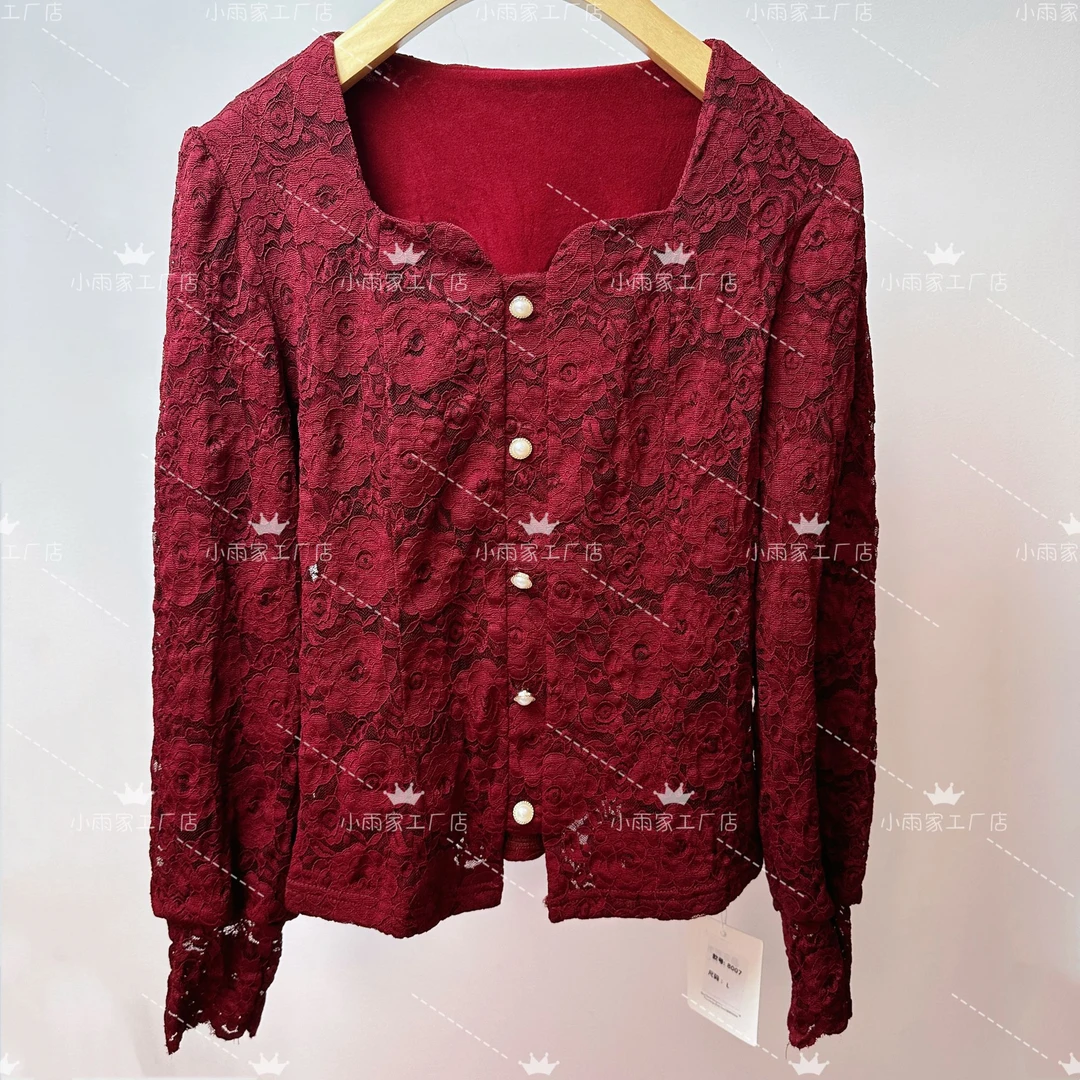 8007#韩版加绒方领蕾丝打底衫女秋季秋冬新款洋气内搭小衫上衣