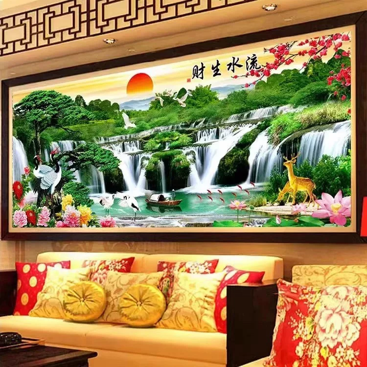 1.9米纯手工绣好十字绣成品68062流水生财客厅挂画